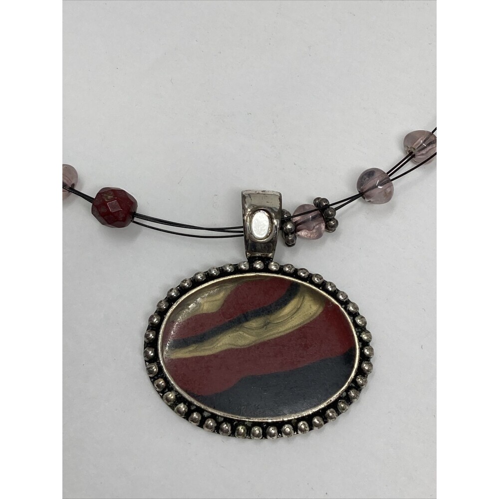 Pendant Necklace Signed HM Red Black Tan Oval with Beads Beaded - Picture 4 of 9